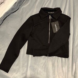 PrettyLittle Thing Fitted Black Ribbed Zip-Up Jacket